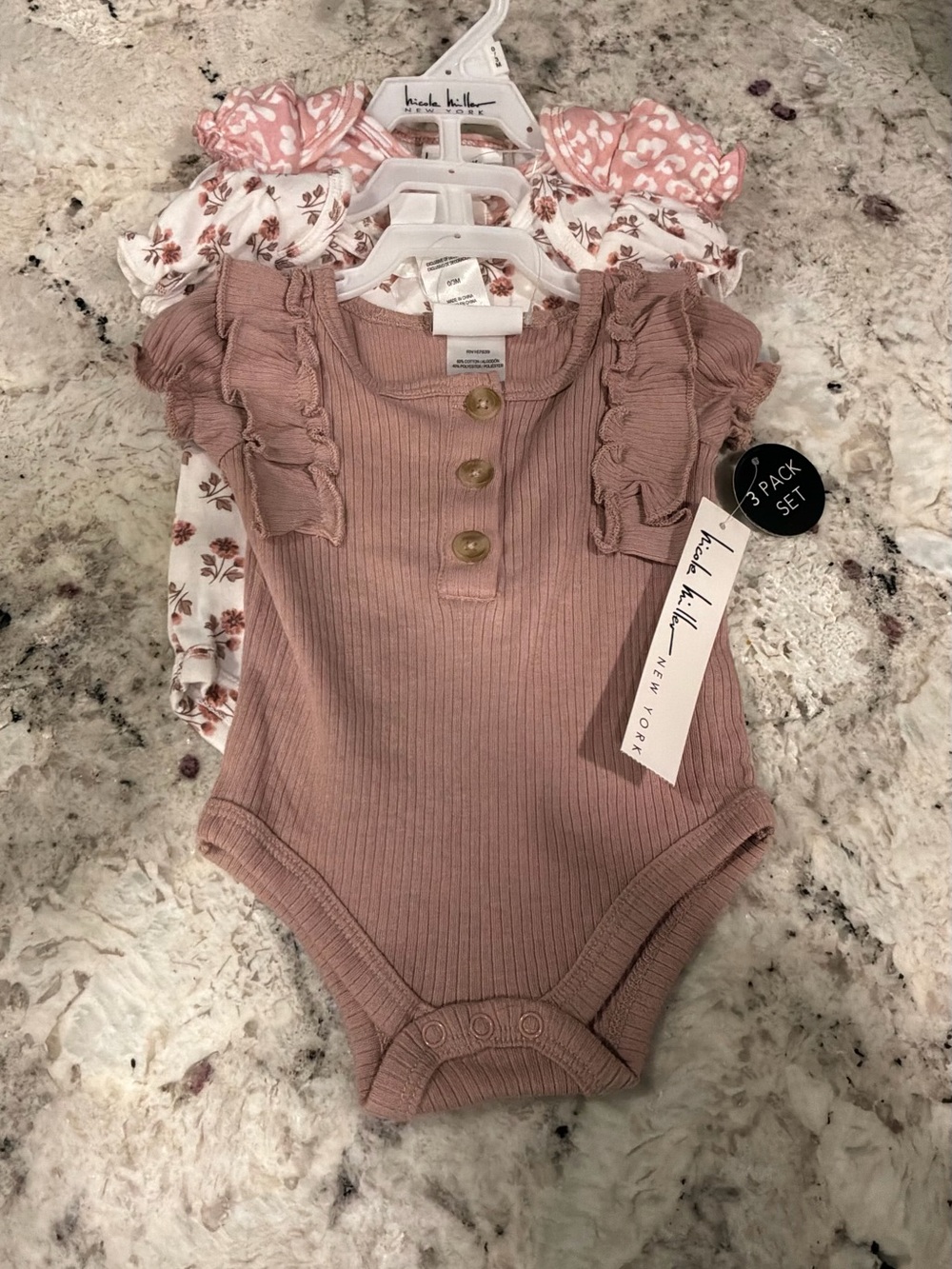Nicole Miller Girls 3-Pack Bodysuits - Mauve, White with Floral, Pink Print
